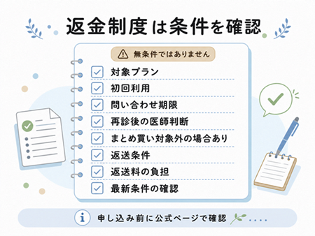 返金制度で確認したい条件チェック図